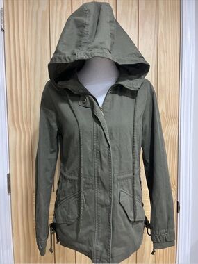 Women's Olive Hooded Utility Jacket with Drawcord Waist